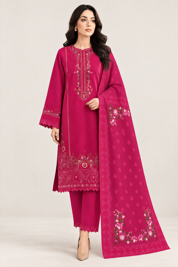 Luluser|Unstitched 3 Piece [Shocking Pink] Dhanak