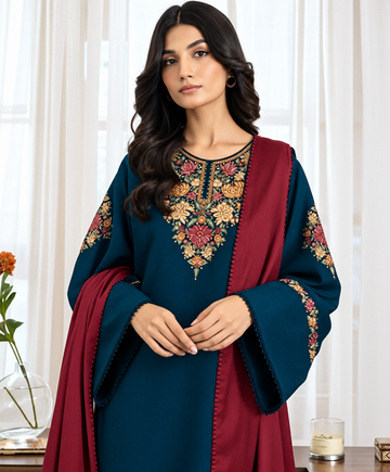 Jazmin|Teal Elegance – Festive Embroidered Suit with Maroon Dupatta