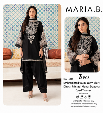 MARIA B 3PIECE EMBROIDERED LAWN DRESS WITH DIGITAL PRINT DUPATTA (BLACK)