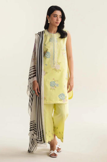 Maria B 3Piece Embroidered Lawn Dress With Monark Lawn Dupatta (Lemon)