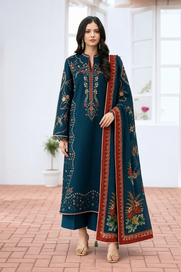 Jugnu by Hussain Rehar – Signature Teal Embroidered Luxury Suit 3 Piece