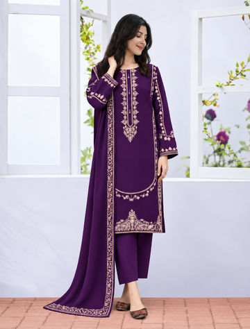 Umzay Royal Plum 3-Piece Embroidered Luxury Suit