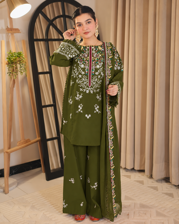Zelbury|3Pcs Unstitched Dhanak Suit[Mehndi]