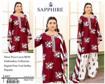 SAPPHIRE LAWN3PC AIRJET WITH MONAR DIGITAL PRINT DUPPATA (DARK RED)