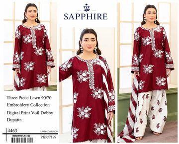 SAPPHIRE LAWN3PC AIRJET WITH MONAR DIGITAL PRINT DUPPATA (DARK RED)