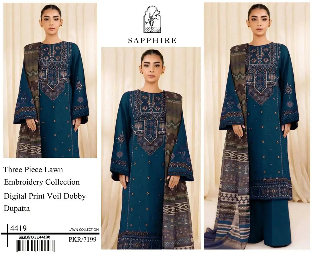 SAPPHIRE Airjet LAWN 9070WITH DIGITAL PRINT VOIL DOBBY DUPATTA(DARK BLUE) Zehra Studio