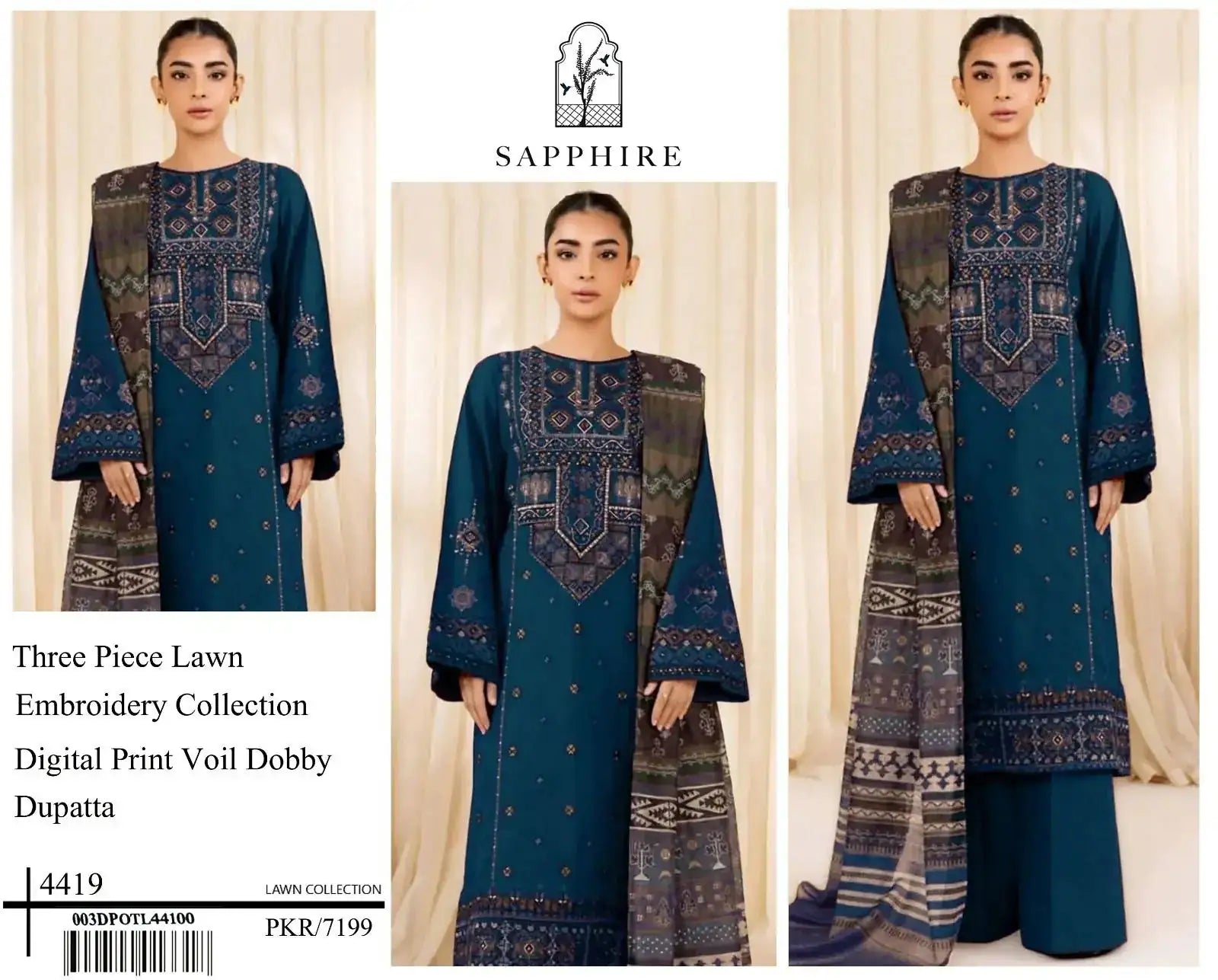 SAPPHIRE Airjet LAWN 9070WITH DIGITAL PRINT VOIL DOBBY DUPATTA(DARK BLUE) Zehra Studio