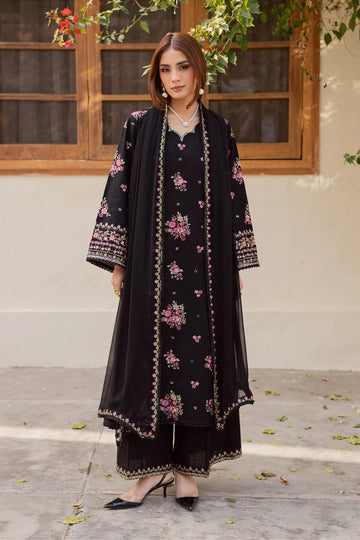 Batik Pure Black 3 Piece Luxury Embroidered Dress with Premium Bamber Chiffon Dupatta