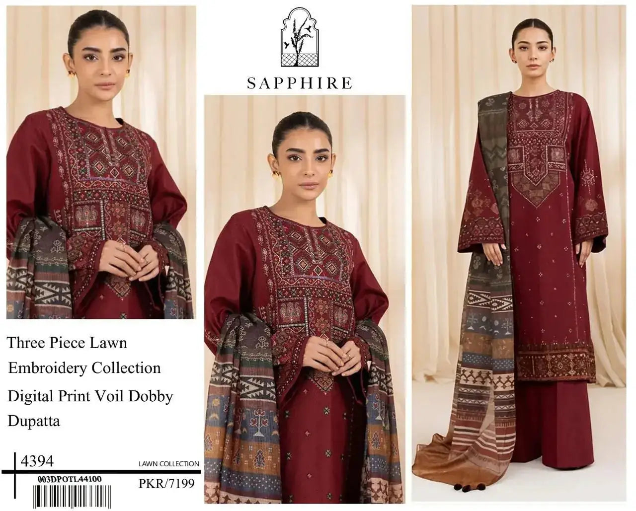 SAPPHIRE Airjet LAWN 9070WITH DIGITAL PRINT VOIL DOBBY DUPATTA (Dark Mehroon) Zehra Studio