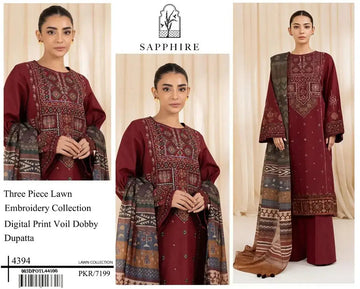 SAPPHIRE Airjet LAWN 9070WITH DIGITAL PRINT VOIL DOBBY DUPATTA (Dark Mehroon) Zehra Studio