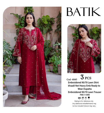 BATIK 3PCS EMBROIDERY 90 70 LAWN SHIRT WITH EMBROIDERED CHIFFON DUPPATA(RED)