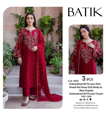 Batik 3 Piece Embroidered Luxury Suit Royal Red