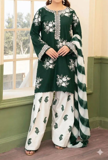 ZARASHAHJAHAN 3PIECE EMBROIDERED SUIT CASUAL AND FESTIVE WEAR( DARK GREEN)
