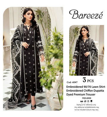 BAREEZE 3PCS EMBROIDERED 90/70 LAWN(JET BLACK)