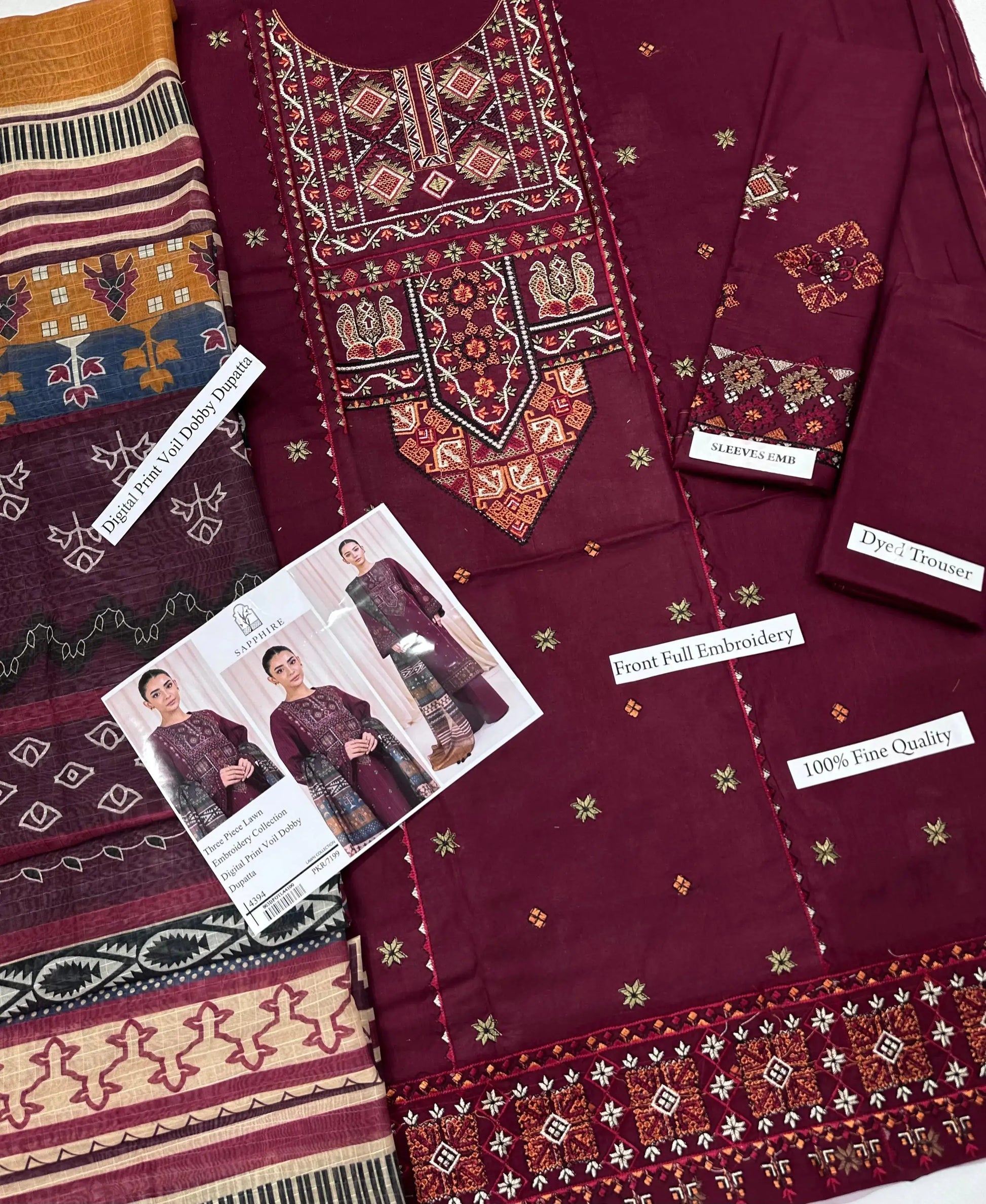 SAPPHIRE Airjet LAWN 9070WITH DIGITAL PRINT VOIL DOBBY DUPATTA (Dark Mehroon) Zehra Studio