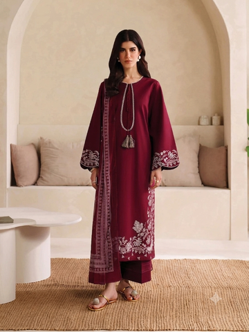 GARNET 3 PIECE EMBROIDERED DRESS WITH DIGITAL PRINT DUPPATA RED